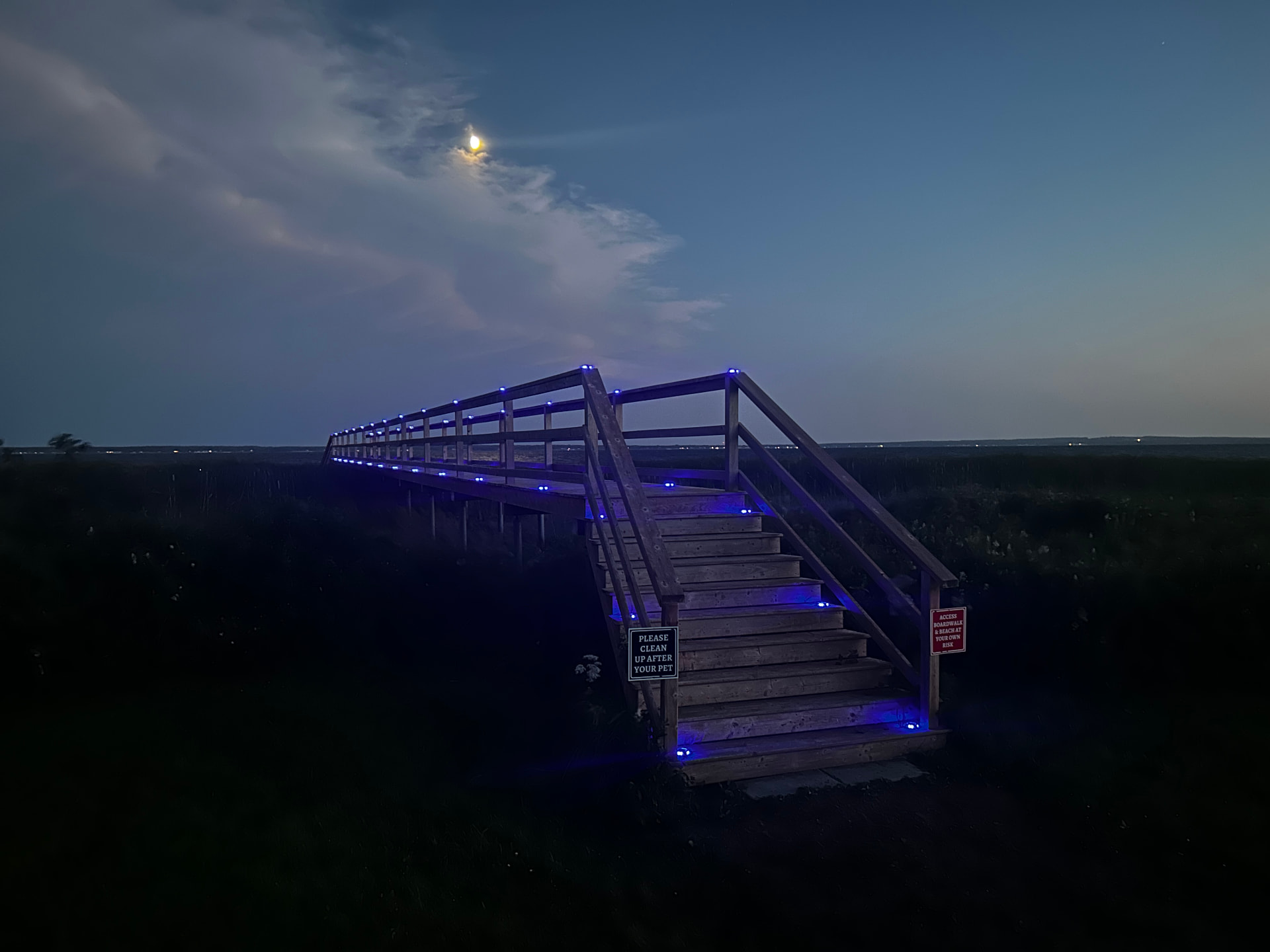 Boardwalk stairs glowing beneath the moon
