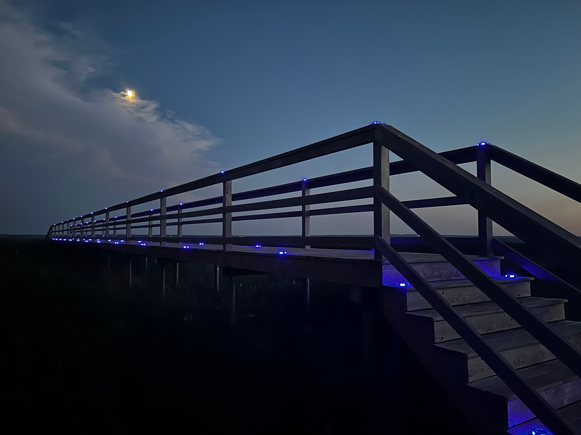 Blue-lit railing leading up the boardwalk steps at twilight
