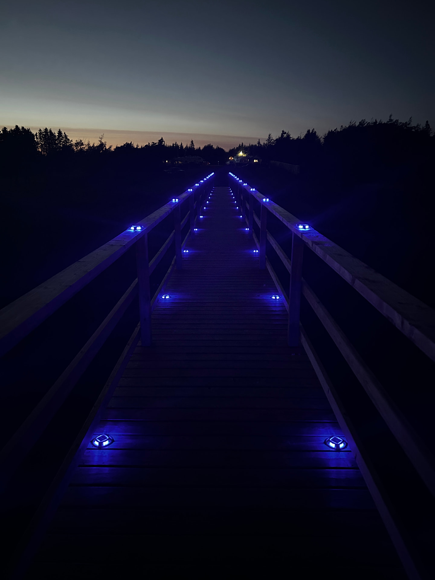 Blue lights lining the boardwalk railing at dusk