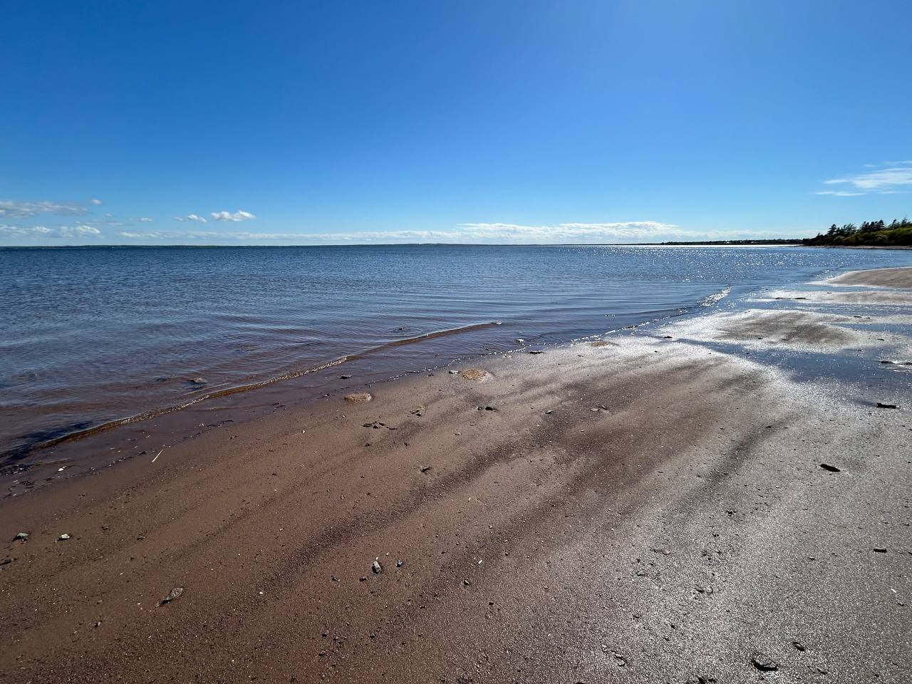 Calm bay water meeting the red sand beach