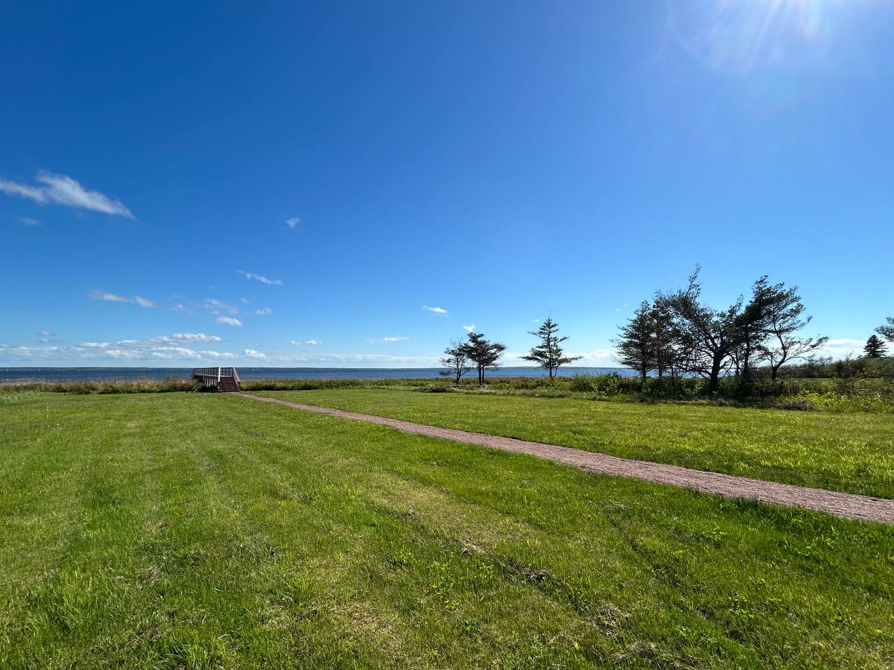 Green lawn stretching to the shoreline