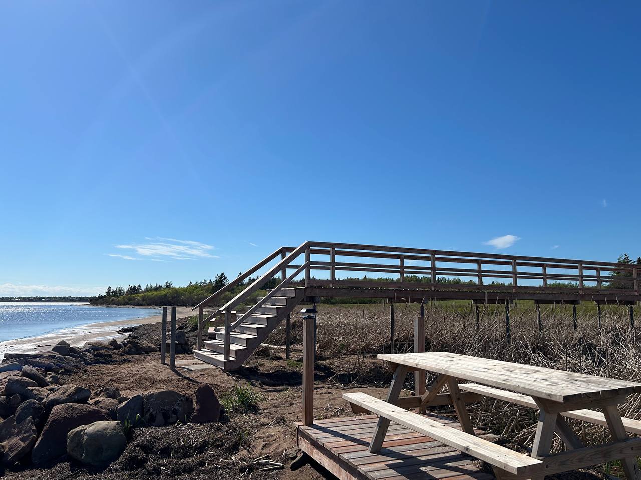 Picnic table by the boardwalk and beach