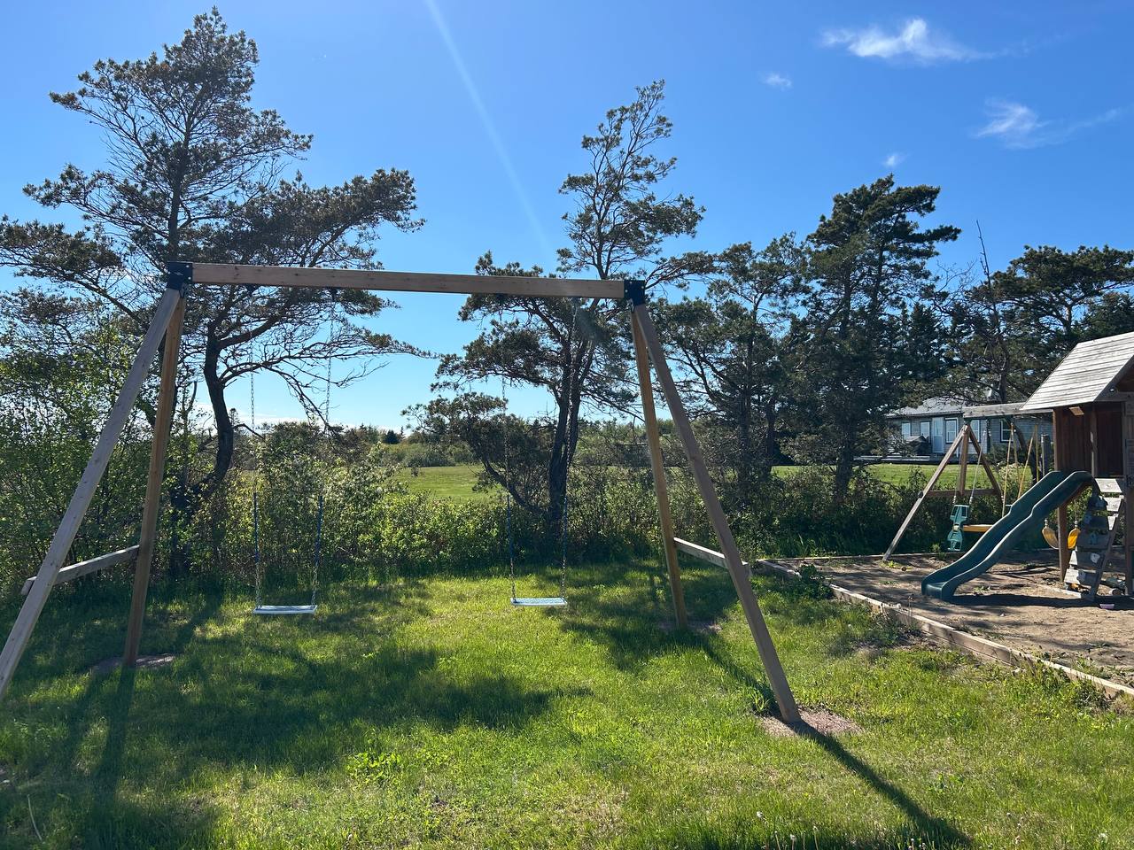 Swing set on the grass with trees behind